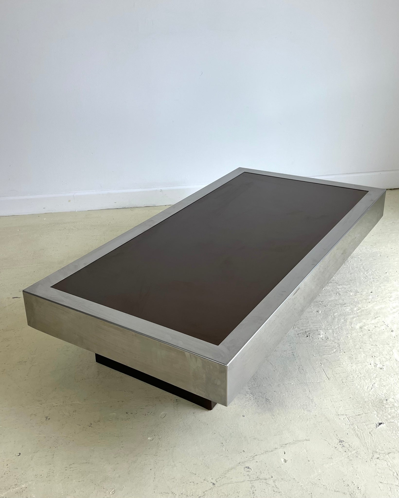 Willy Rizzo 1970s Chocolate Brown Glass and Brushed Steel Coffee Table