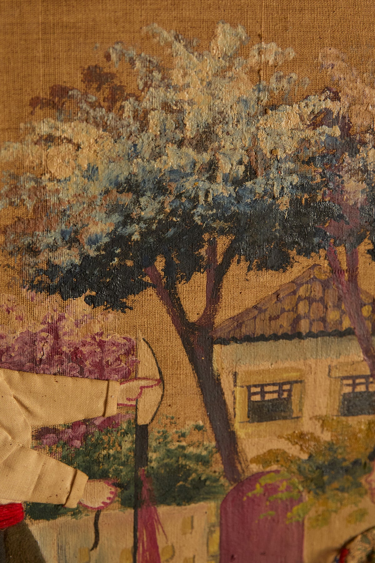 Vintage Framed European Folk Art Tapestry Wall Hanging – Village Festival Scene