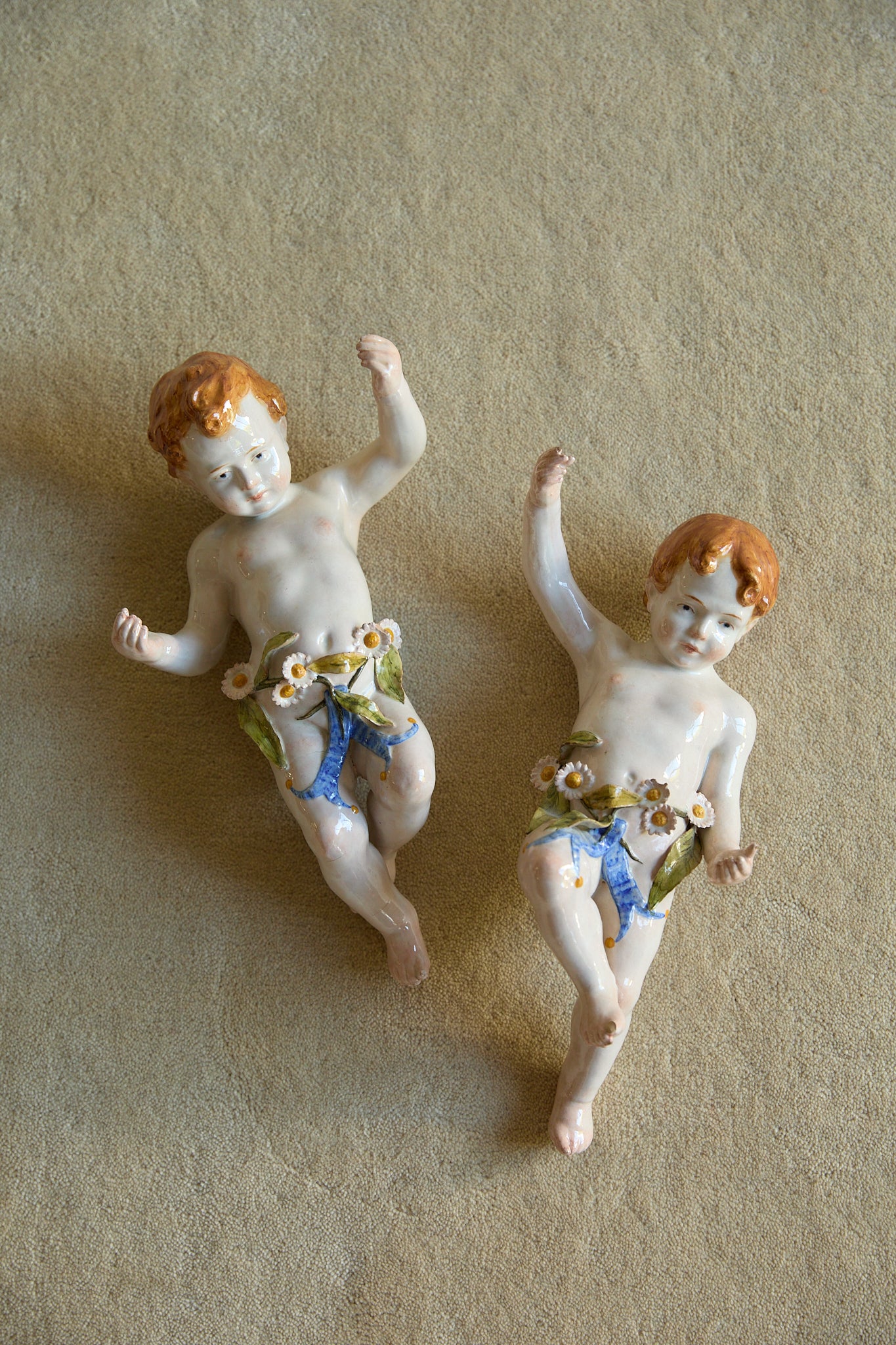 Vintage Italian Porcelain Wall Cherubs — Matching Pair