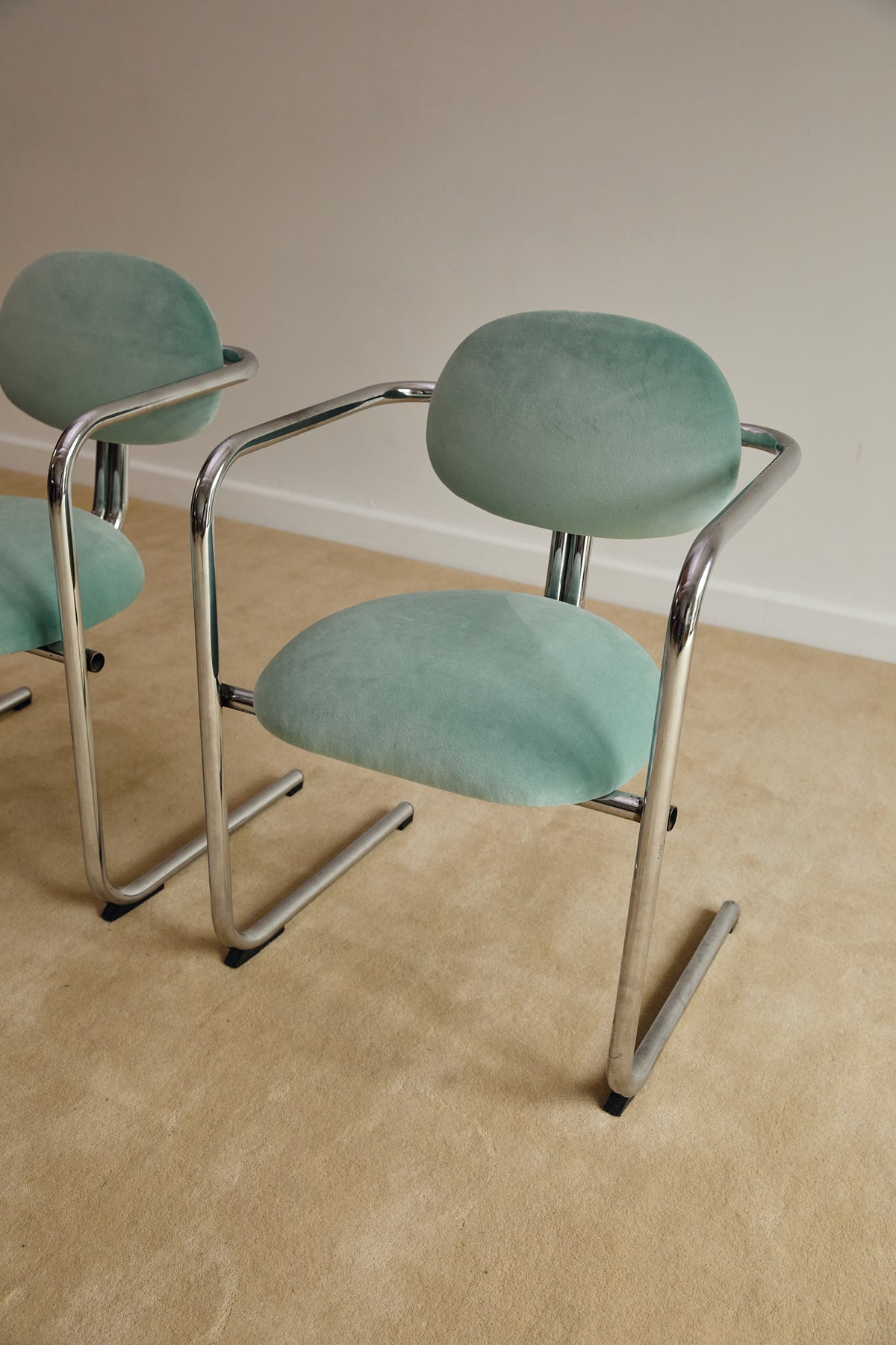Aqua Velvet Postmodern Cantilever Armchairs (Sold Individually)