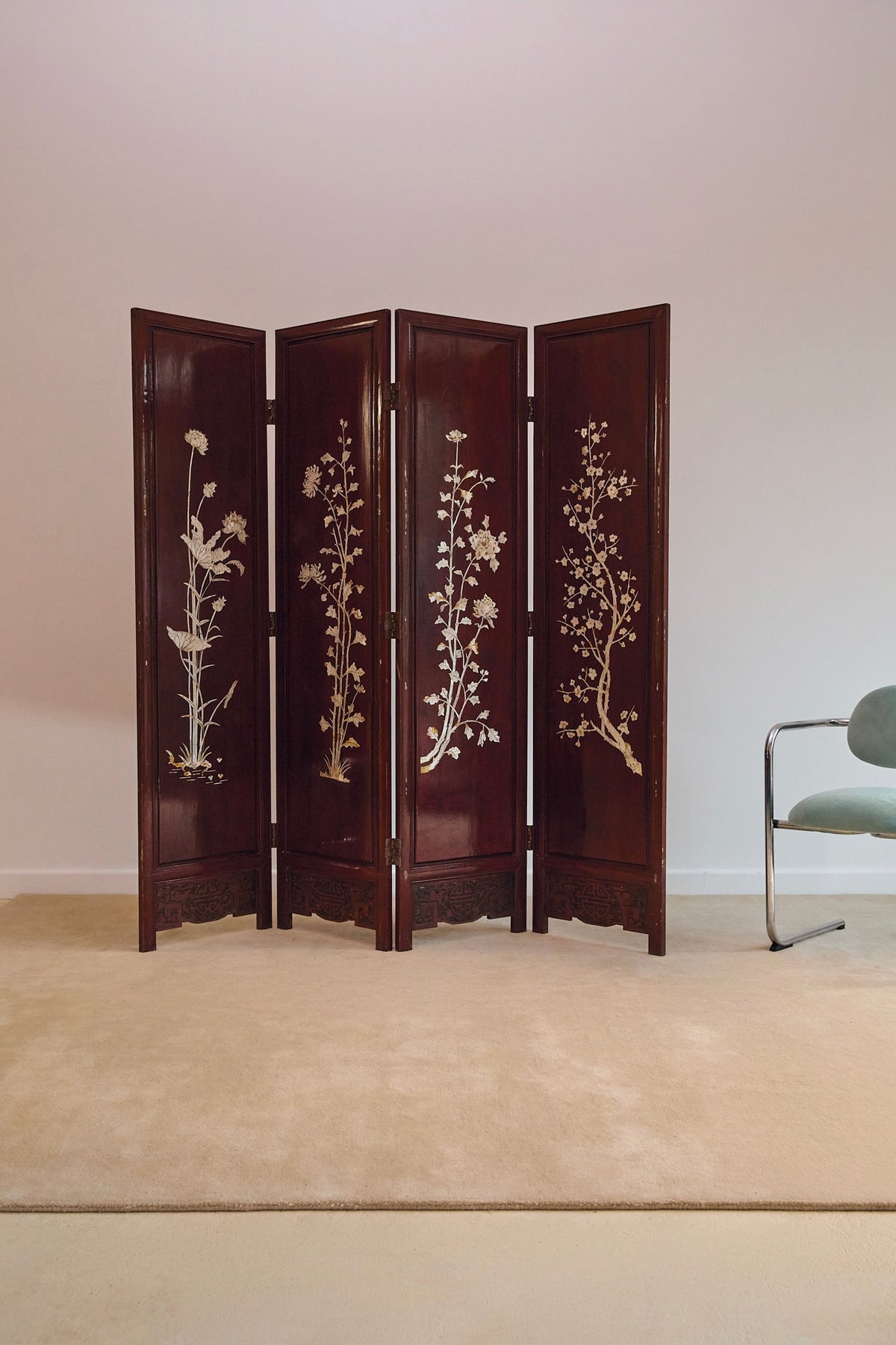 Vintage Chinoiserie Mahogany Room Divider Screen with Mother-of-Pearl Inlay