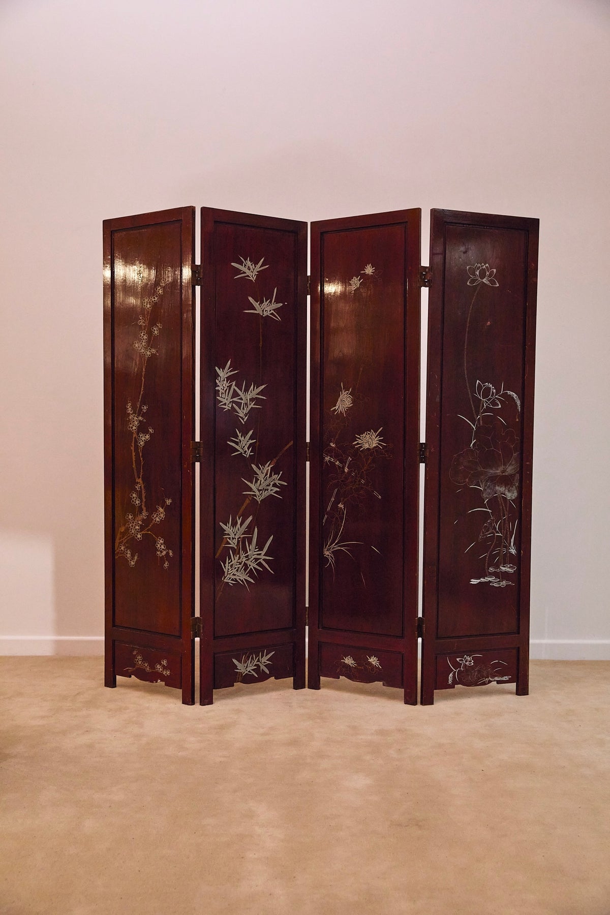 Vintage Chinoiserie Mahogany Room Divider Screen with Mother-of-Pearl Inlay