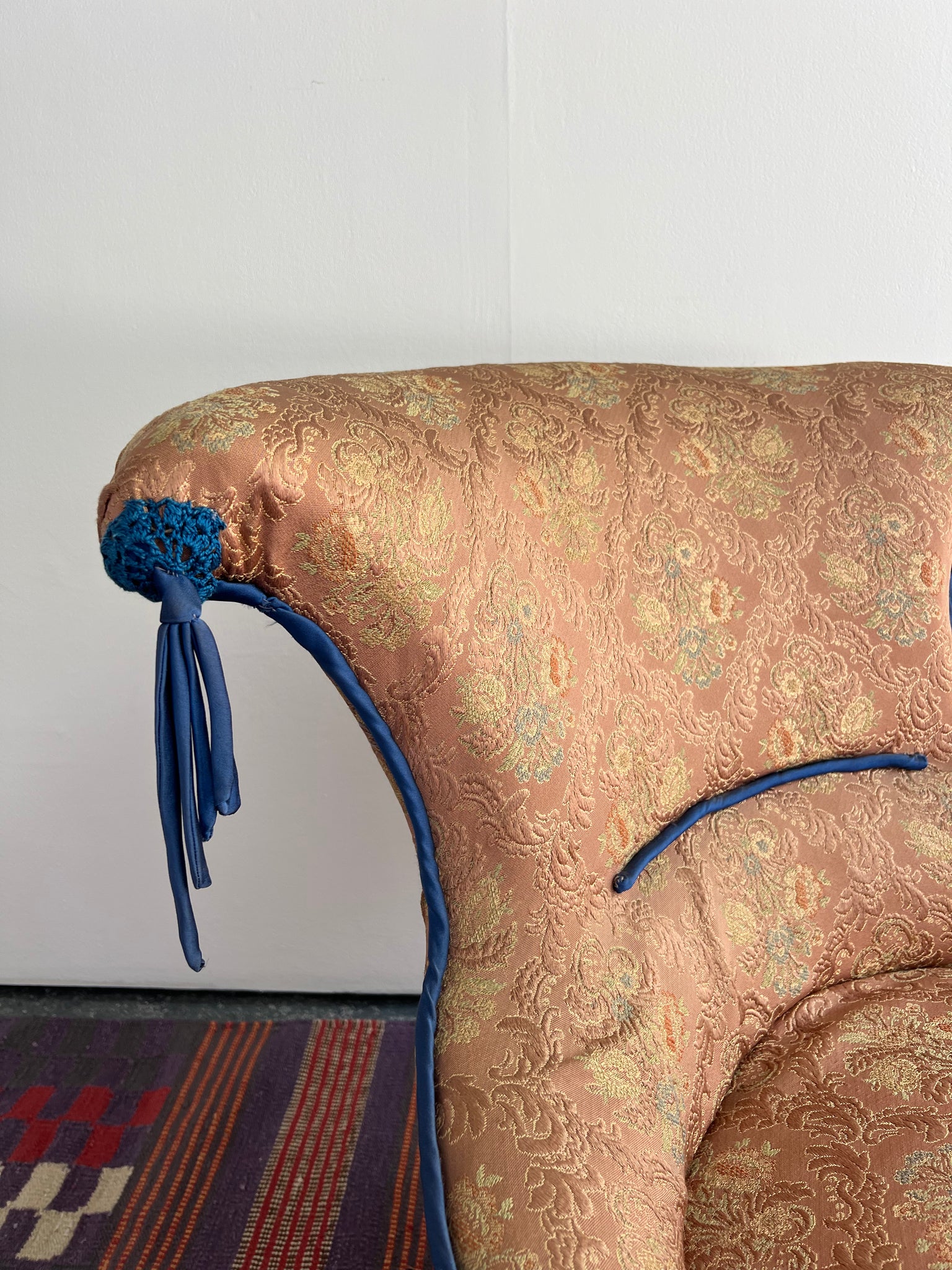 Pink Chinoiserie and Blue Tassle Slipper Chair