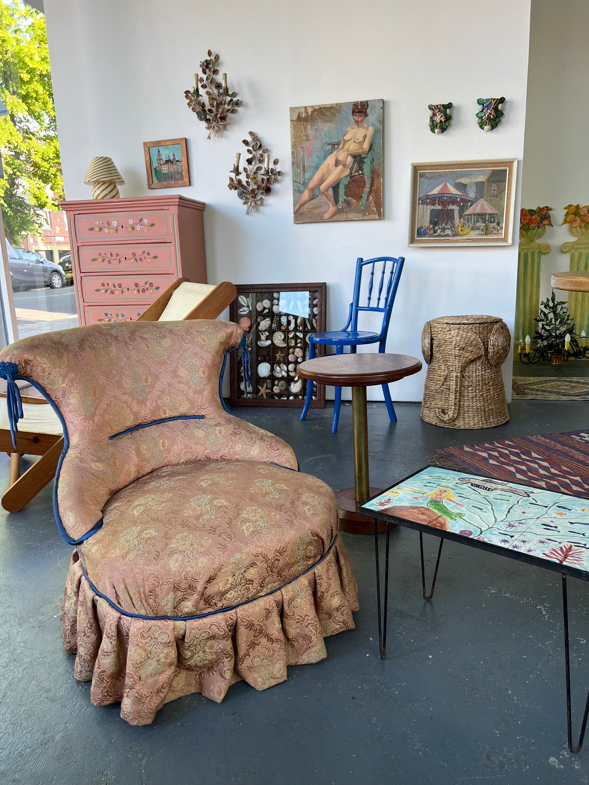 Pink Chinoiserie and Blue Tassle Slipper Chair